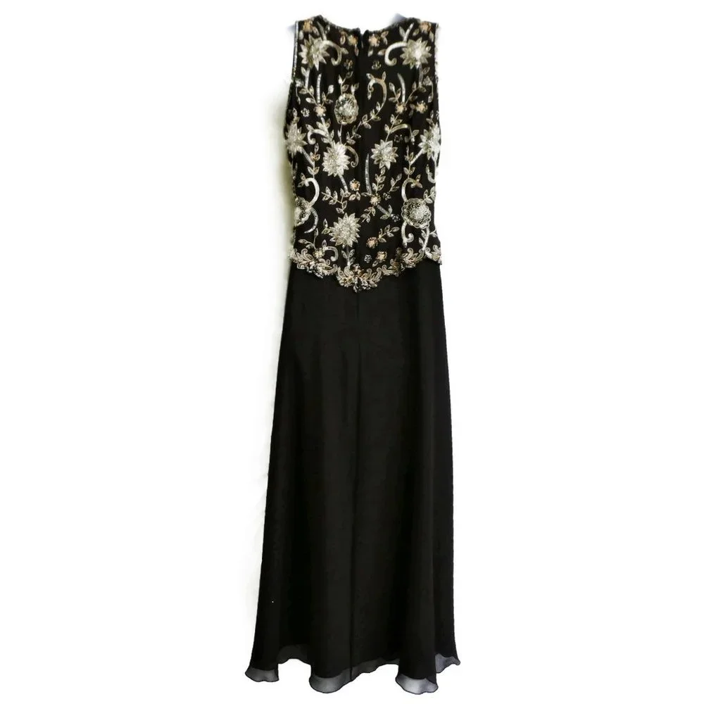 Evening Beaded Gown Brown Maxi Sleeveless JKara Sequin Silver Gold Flowy India 6 - Picture 3 of 10